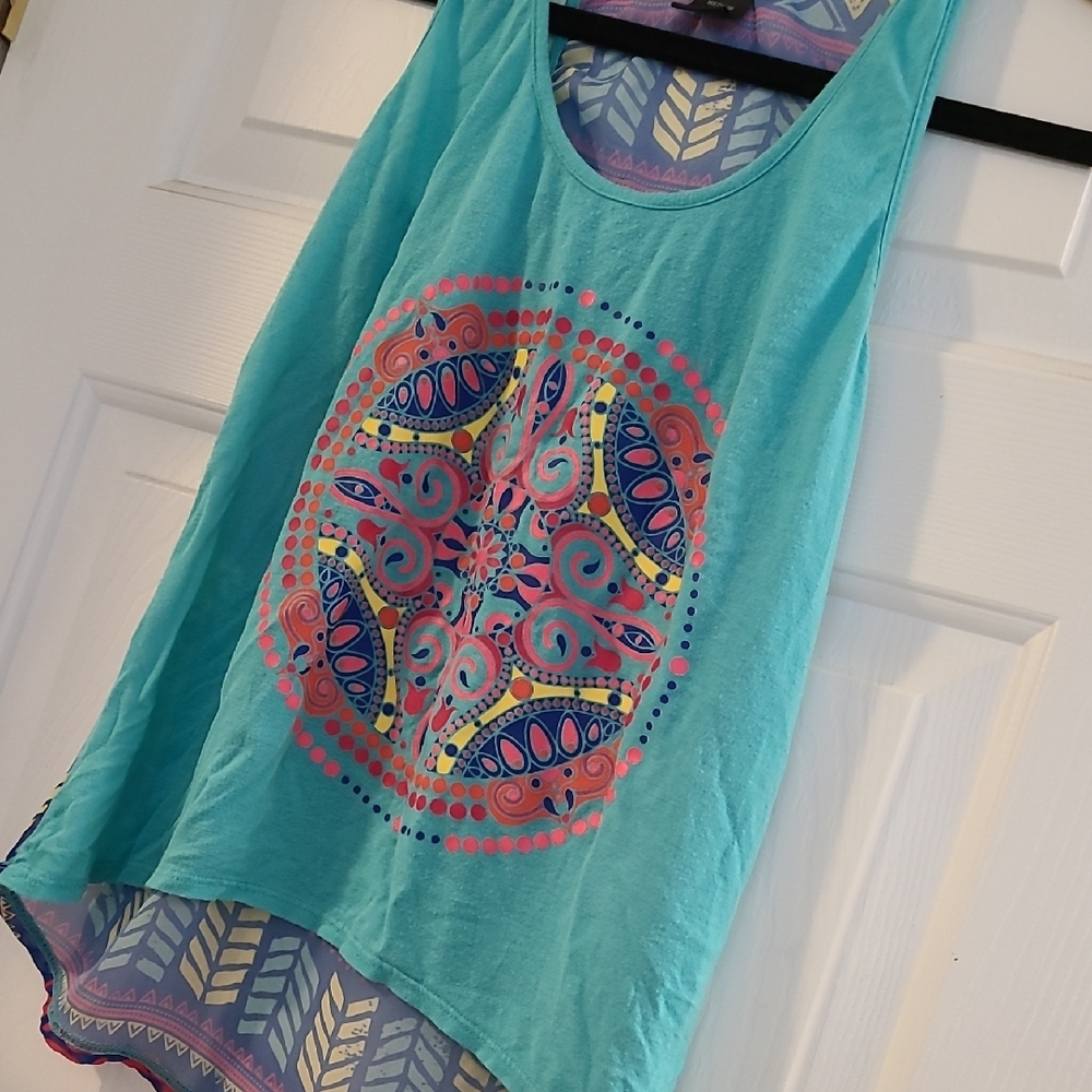 Rue21 Green and Blue Asymmetrical Graphic Tank Top - Picture 5 of 6